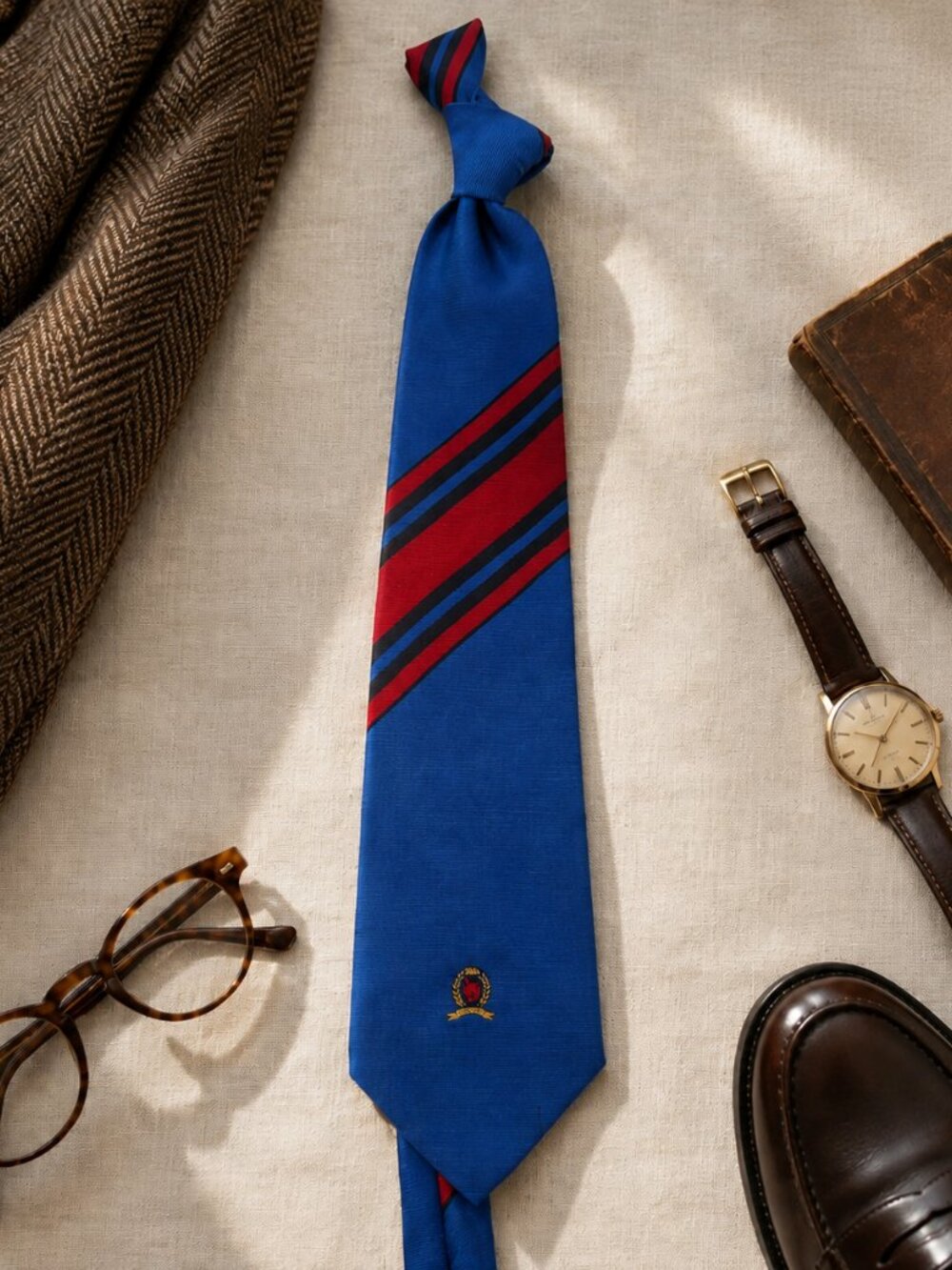 Tommy Hilfiger Classic Blue Red Crest Striped Men's Tie Academia 100% Silk VTG